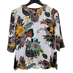 John Mark Embroidered Y-Neck 3/4 Sleeve Floral Tunic Top Womens Medium Beach